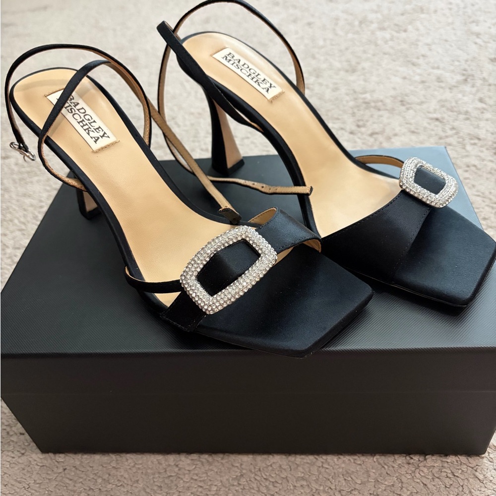 Badgley Mischka Black Satin Slingback Heels with Rhinestone Buckle